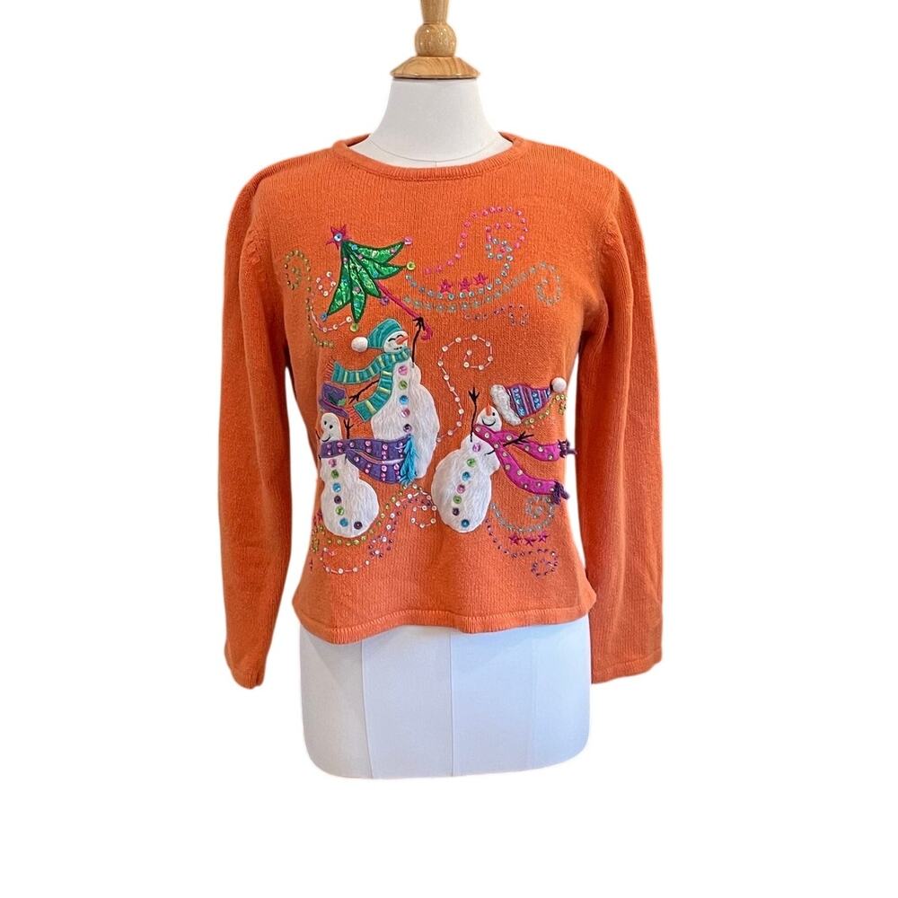 Vintage Tiara International Christmas Collection Orange Sweater, Snowman, Size L